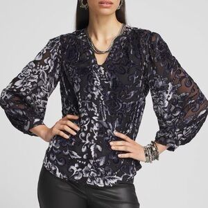 Chicos Floral Velvet Burnout Blouson Sleeve Blouse